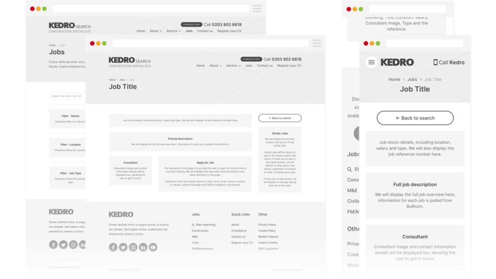 Kedro wireframes for Jobs pages