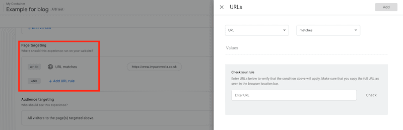 A screenshot of the Optimize page targeting rules set up for a/b testing