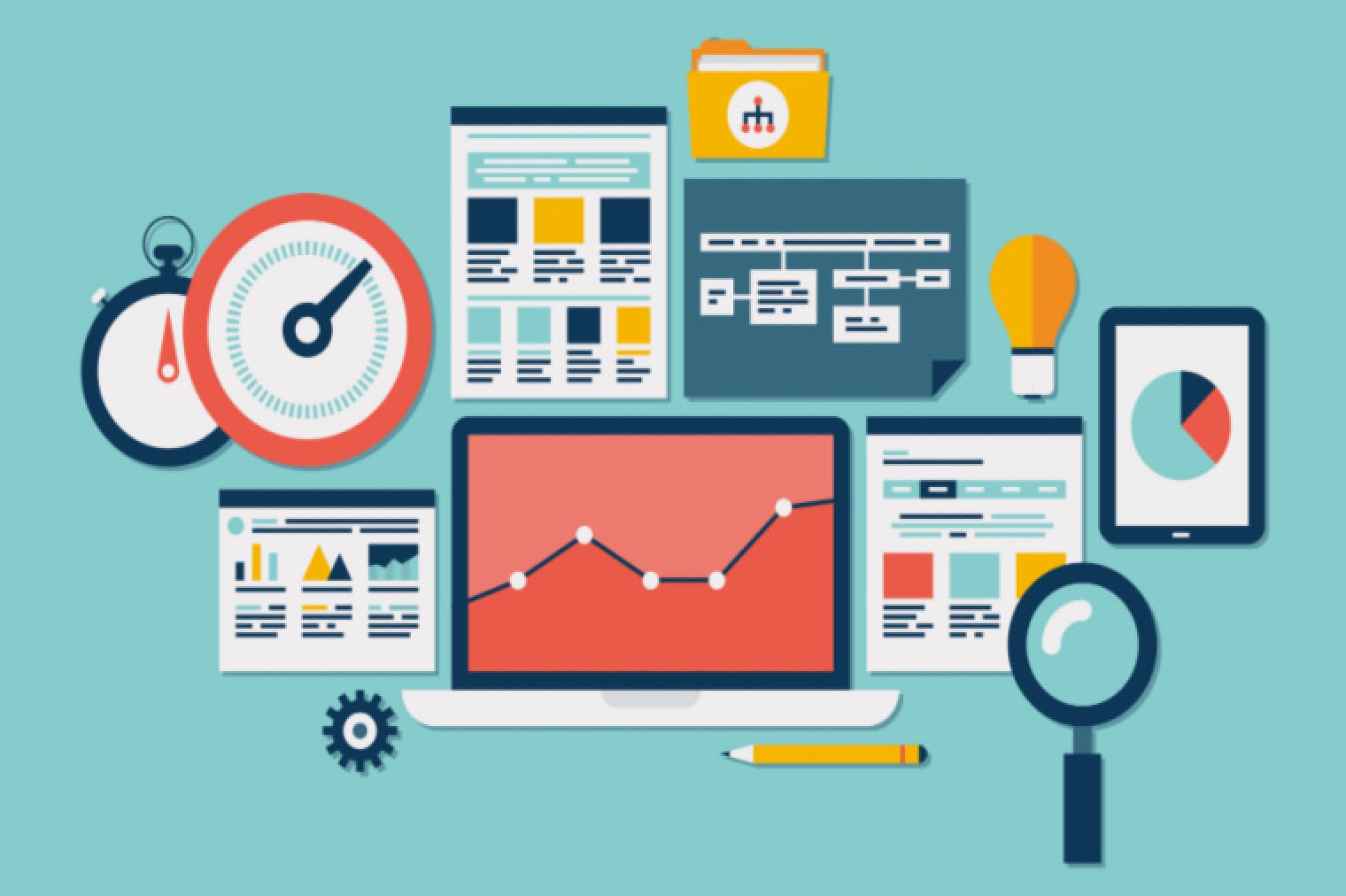 illustration of screens, tools and timers to represent seo