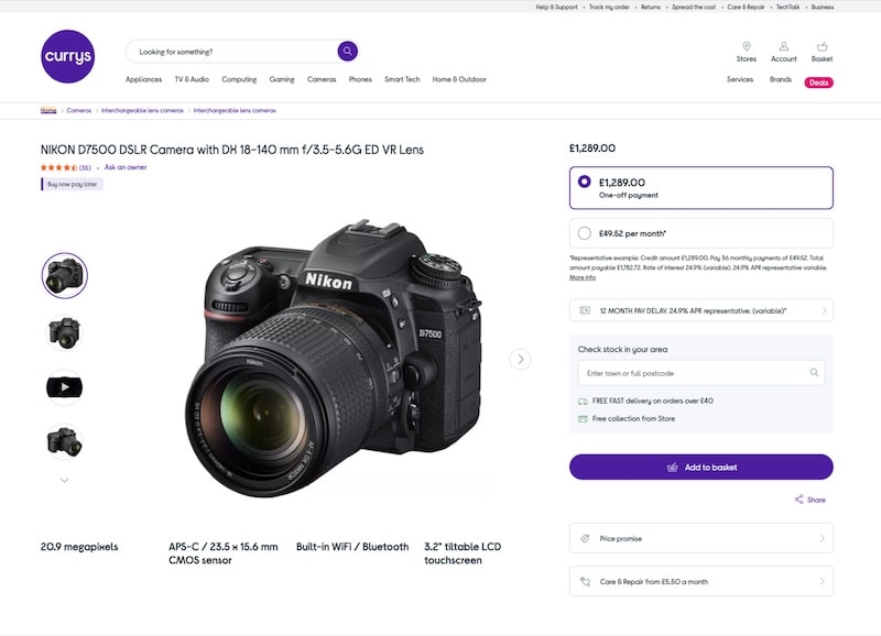 currys camera product page