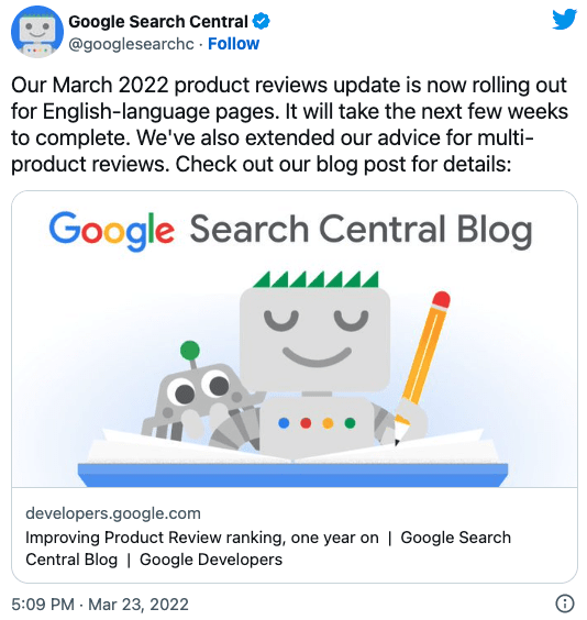 Google Search Central Product Reviews Update Announcement Tweet