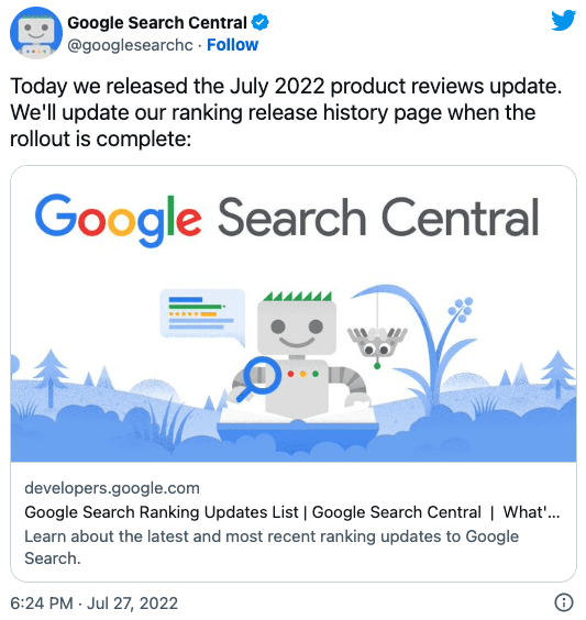 Google Search Central Product Reviews Update Announcement Tweet