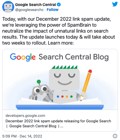 Google Search Central link spam update tweet from December 2022