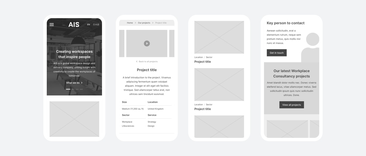 Mobile wireframes from the AIS website redesign.