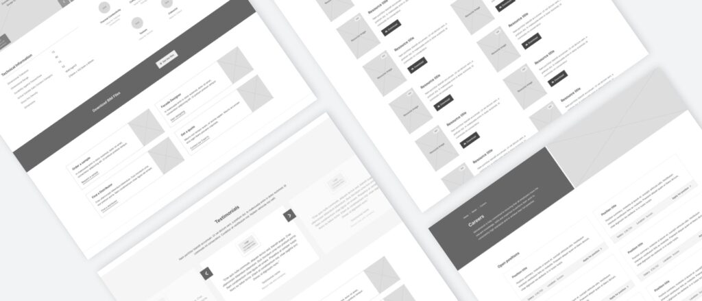 Desktop wireframes from the MBH PLC website redesign.