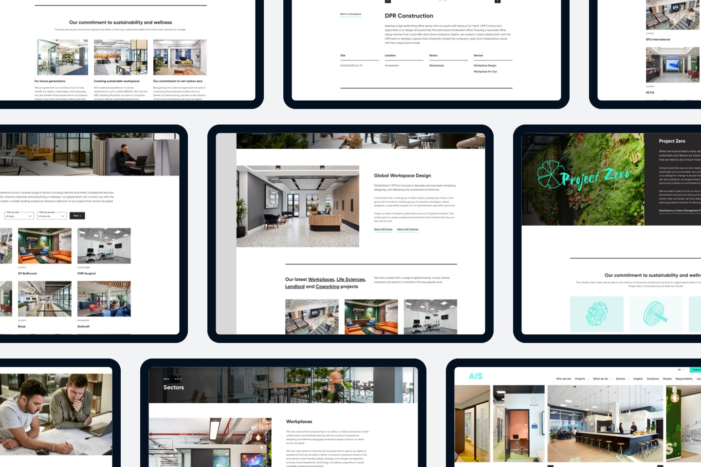 Various pages from the AIS website redesign show tiled.