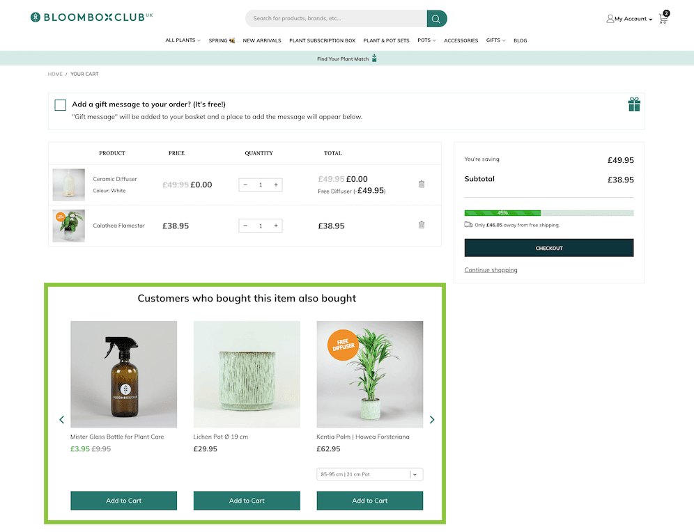 bloombox club upselling on basket page example