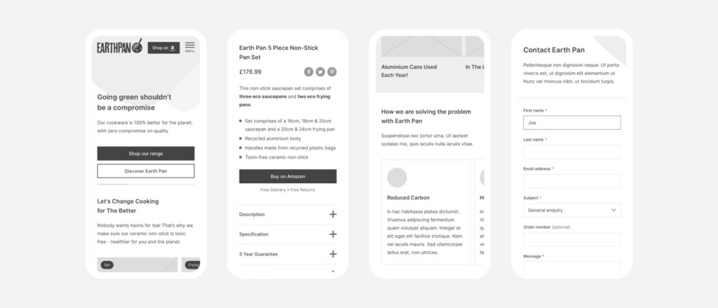 Earth Pan mobile website wireframes